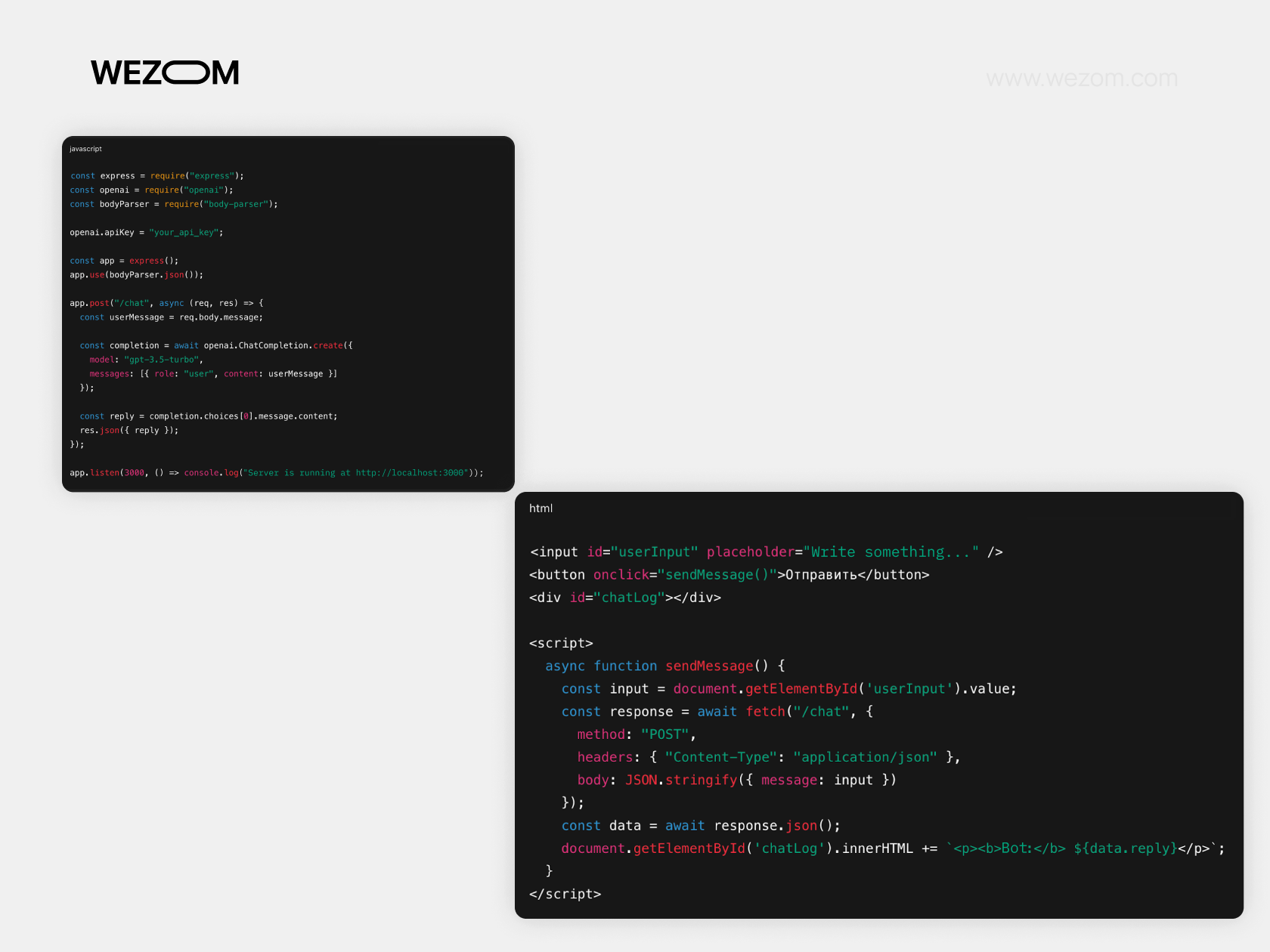 JavaScript and HTML integration with Express and OpenAI API to create a chatbot interface for user interaction